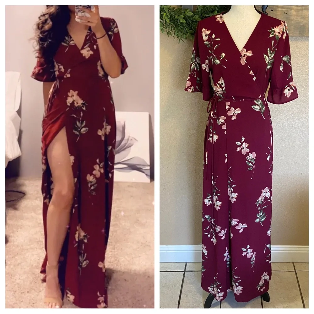 NWOT Lulus September Sunsets Burgundy Floral Print Wrap Maxi Dress